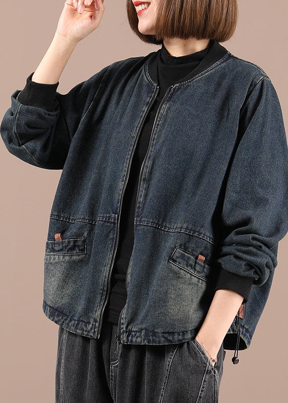 Blue Loose Zippered Pockets Fall Denim Long Sleeve Jackets