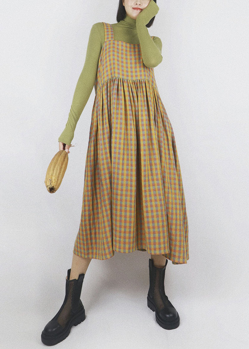 Diy Yellow Plaid Patchwork Wrinkled Wear on Both Sides Cotton Vacation Strap Dresses Summer