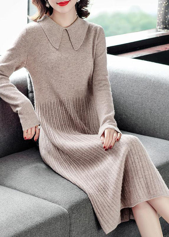 Modern Green Color Peter Pan Collar Wrinkled Knit Sweater Dress Long Sleeve