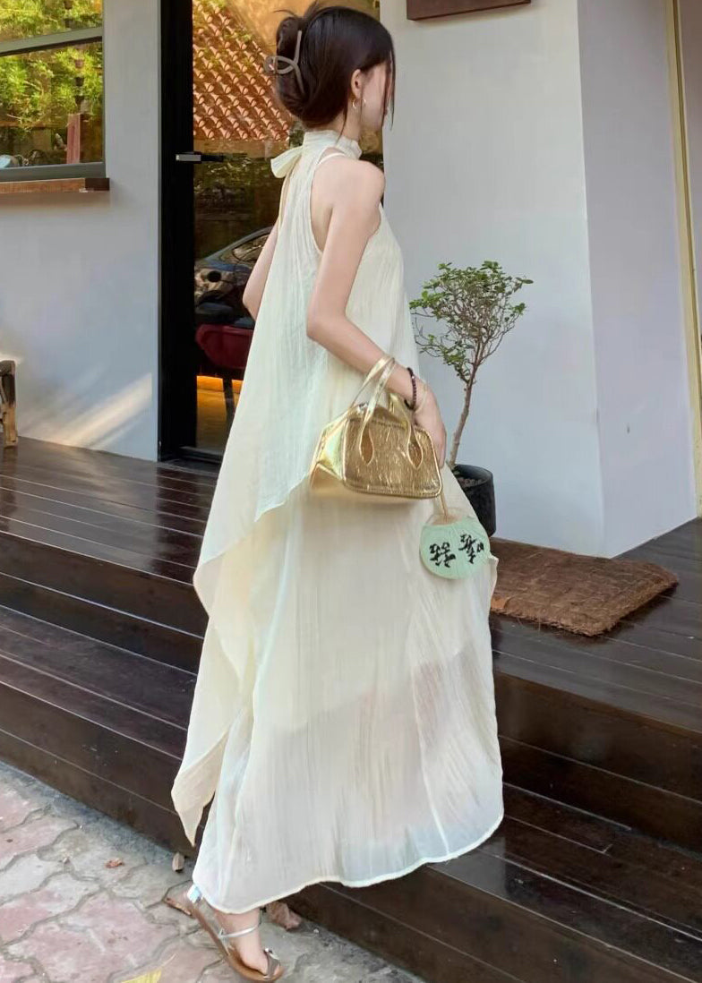 Beige Chiffon Holiday Halter Dress Two Piece Set Asymmetrical Summer