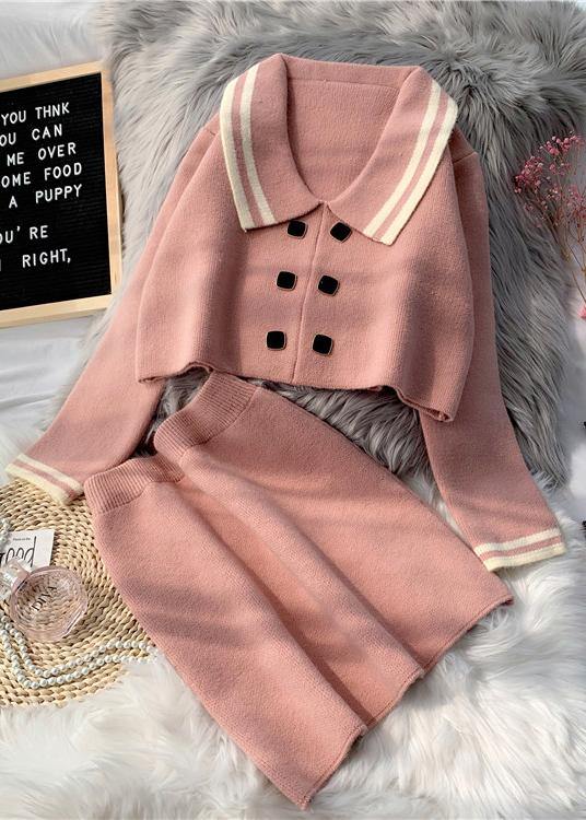 French Pink Knitted Suit New Short Sweater Pullover Skirt Two Piece Set in Early Autumn
