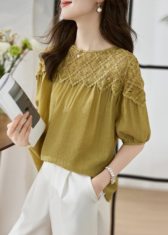 Khaki O Neck Lace Patchwork Cotton Top Lantern Sleeve
