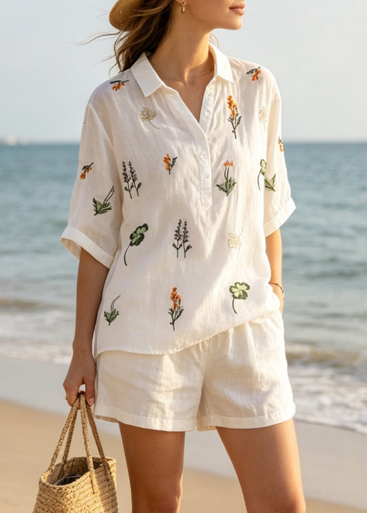 White Peter Pan Collar Print Patchwork Linen Shirt Top Summer