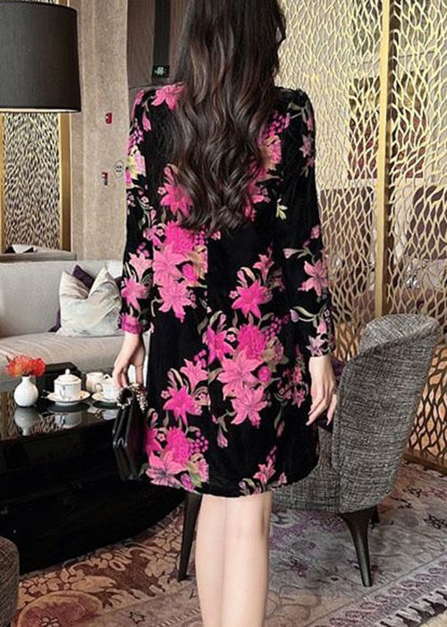 Black Chinese Button Print Silk Velour Mid Dress Long Sleeve