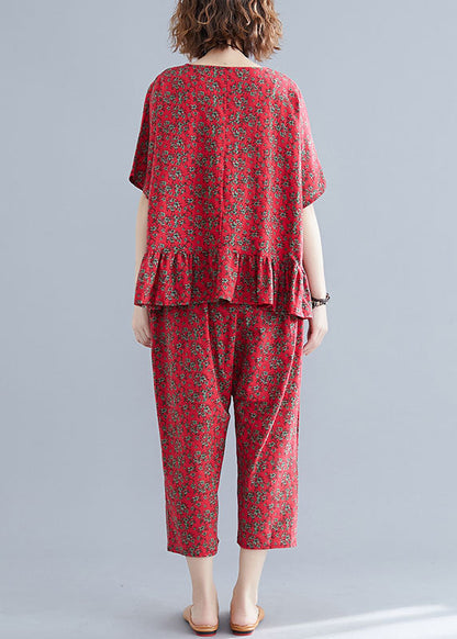 Handmade Red O-neck Patchwork Ruffled Cotton Two Pieces Set Short Sleeve