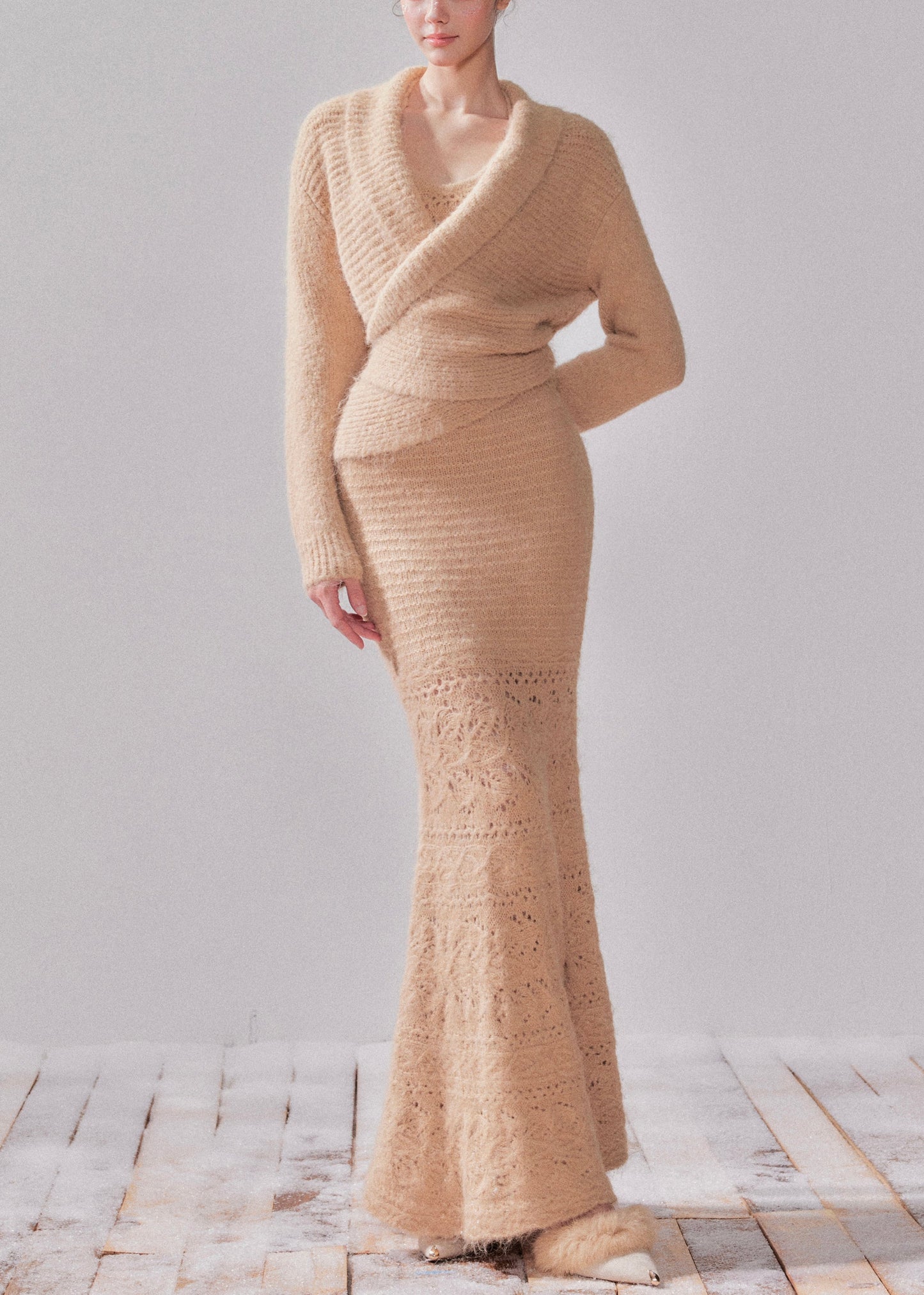 Handmade Khaki Hollow Out Cotton Knit Cardigans and Long Fishtail Dress Two Pieces Set Fall