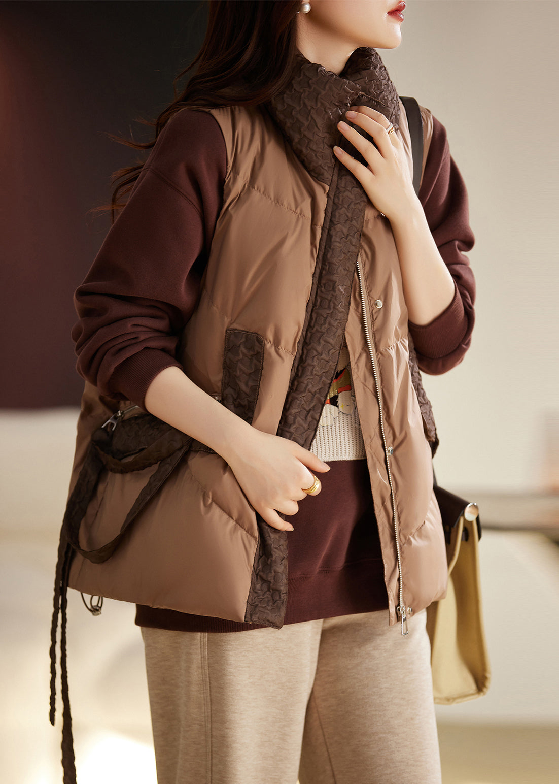 Coffee Zip Up Patchwork Duck Down Winter Vests