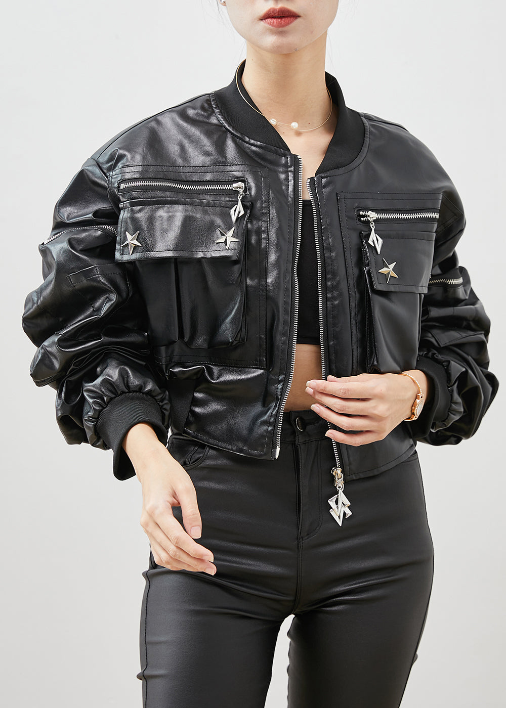 Black Zip Up Rivet Faux Leather Jackets Spring