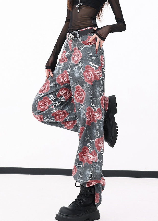 Red Pockets Print Denim Wide Leg Pants Fall