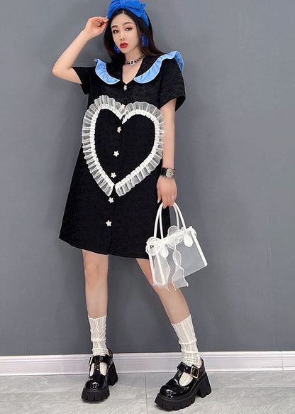 Black Peter Pan Collar Love Tulle Patchwork Shirt Dress Short Sleeve