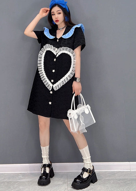 Black Peter Pan Collar Love Tulle Patchwork Shirt Dress Short Sleeve