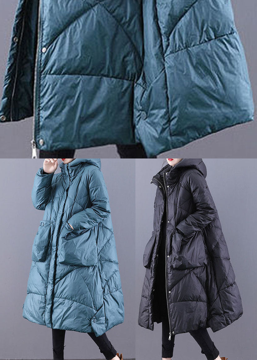 Loose Black Hooded Pockets Cotton Blend Winter Down Coat