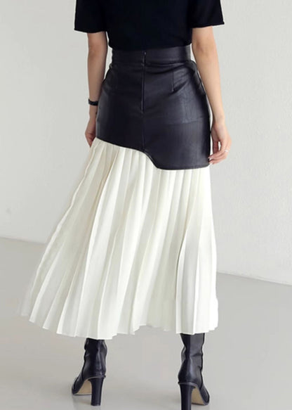 Slim Fit White Wrinkled High Waist Patchwork Faux Leather Skirt Summer