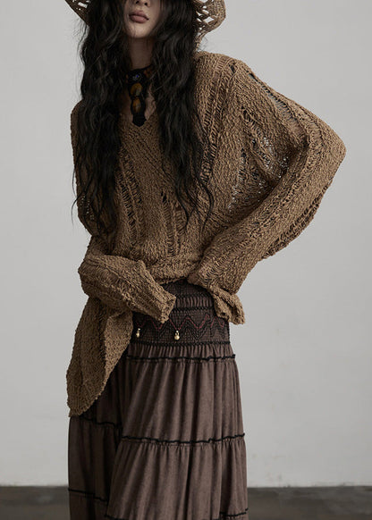 Brown Hooded Hollow Out Knit Loose Pullover Spring