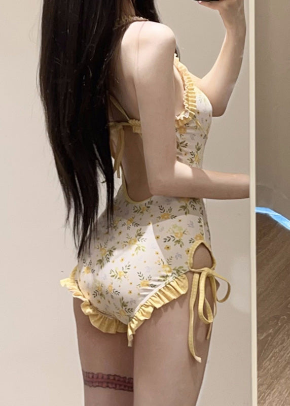 Yellow Print Smock and Bodysuit Lingerie Set