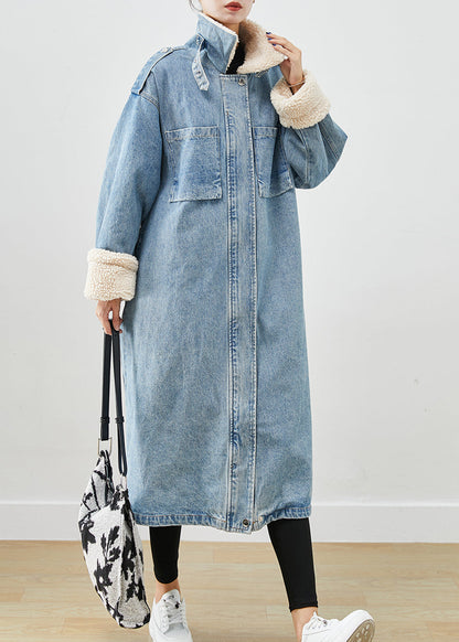 Blue Oversized Pockets Fleece Wool Lined Denim Trench Fall