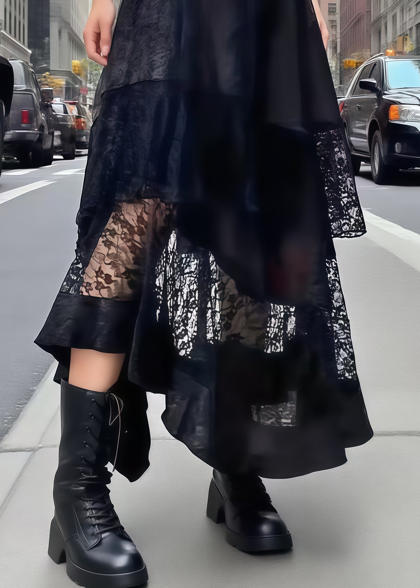 Unique Black Asymmetrical Patchwork Lace Skirts Summer