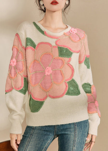 Pink Patchwork Cozy Cotton Knit Sweaters Fall