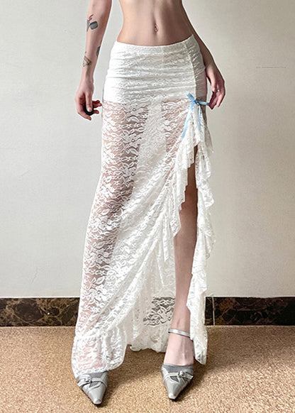White Side Open Hollow Out Lace Wraped Skirts Spring