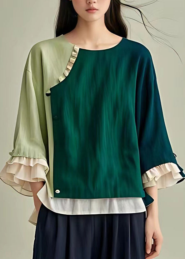 Simple Dark Green O-neck Ruffled Patchwork Shirt Fall