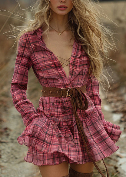 Plaid Ruffled Pastoral Style Long Sleeve Mini Dress