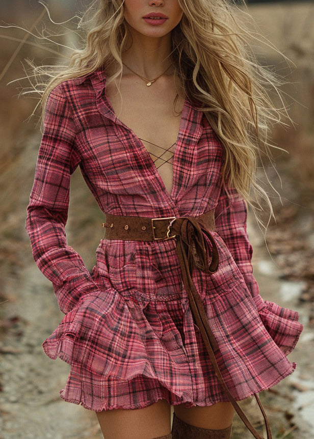 Plaid Ruffled Pastoral Style Long Sleeve Mini Dress