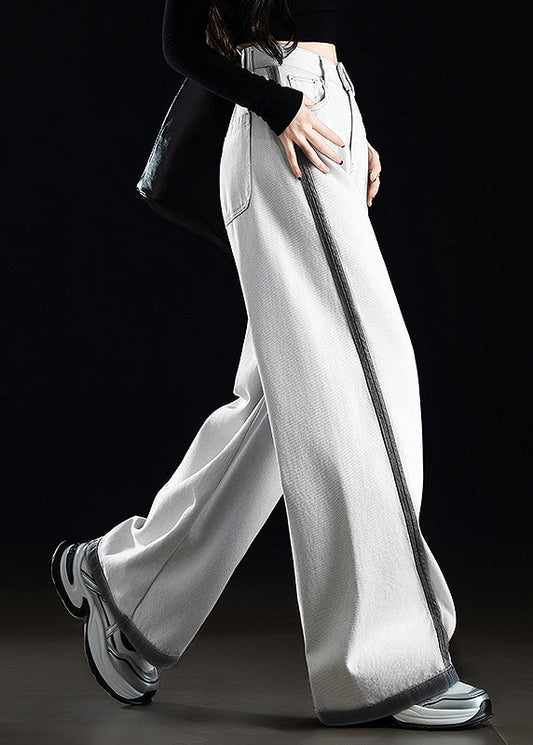 Grey White Pockets Patchwork Denim Wide Leg Pants Spring