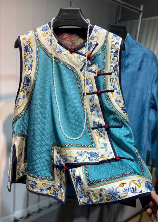 Loose Blue O-neck Embroideried Patchwork Silk Waistcoat Fall