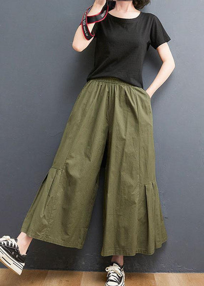 Army Green Elastic Waist Wide Leg Pants Trousers Summer Cotton