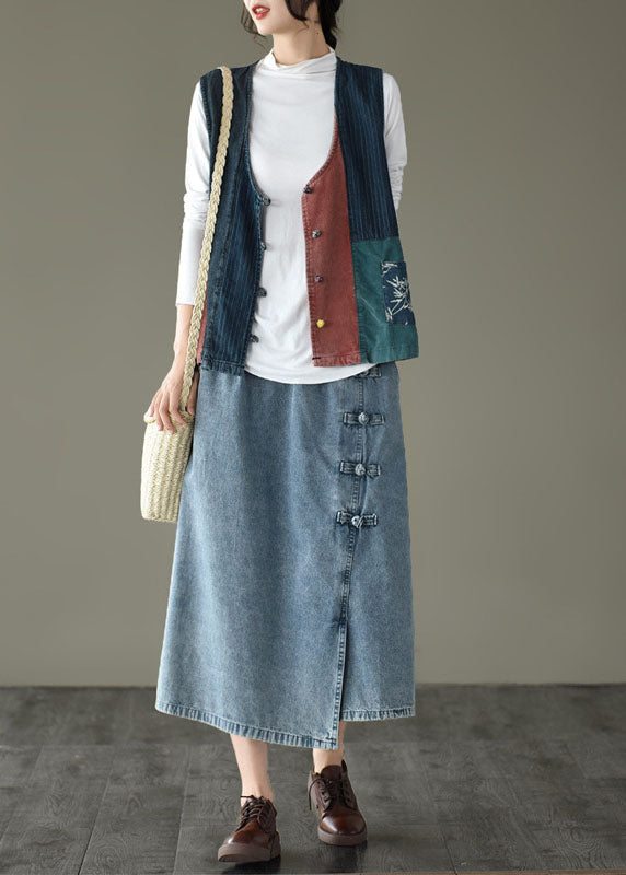 Fitted V Neck Button Patchwork Denim Tanks Sleeveless