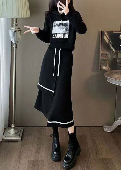 Black Hooded Sweatshirt and Skirts Cotton Two Piece Set Spring