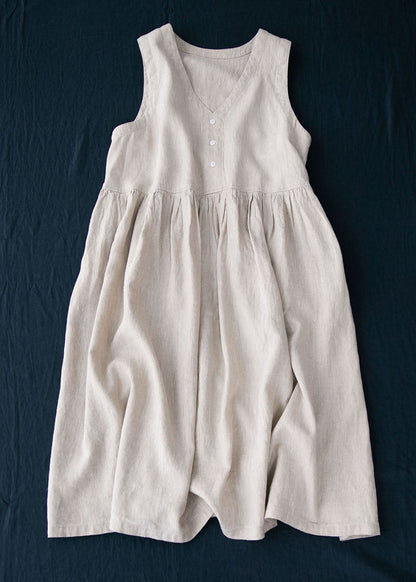 Grey V Neck Wrinkled Patchwork Linen Dresses Summer