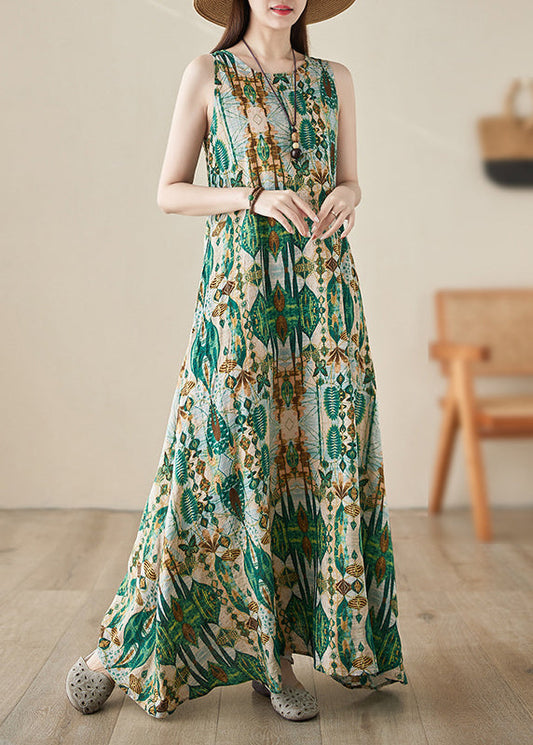 Handmade Green O-neck Print Maxi Dresses Summer