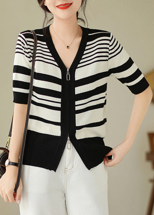 Black White Striped Zippered Knit Cardigan Spring
