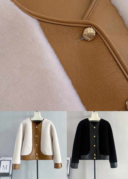Black Button Patchwork Leather and Fur Coats V Neck Winter