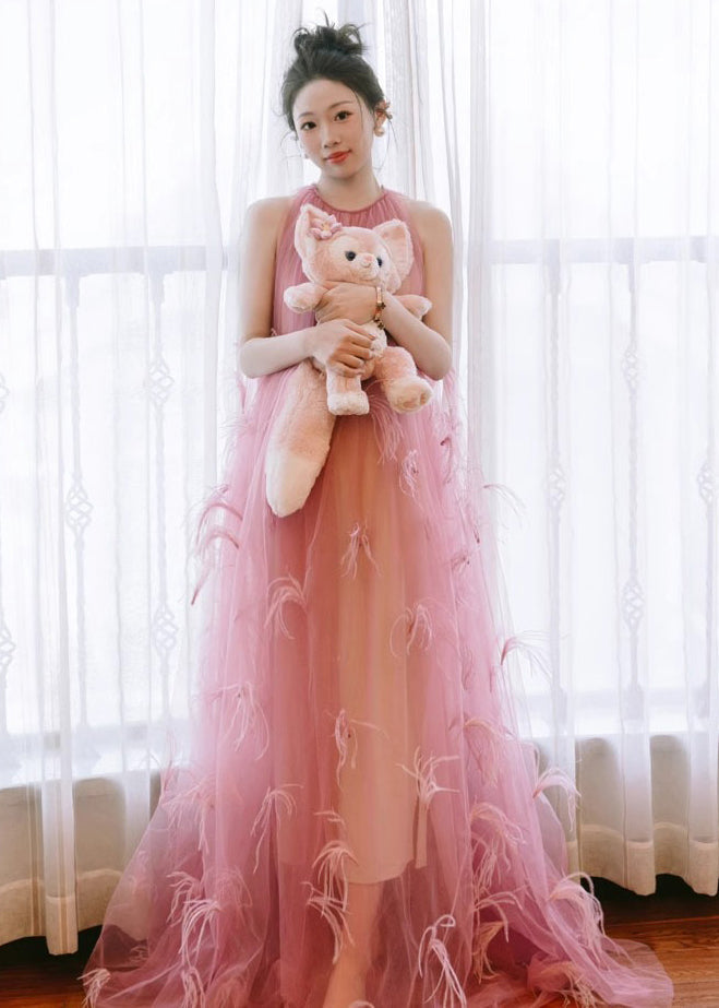 Pink O Neck Feather Patchwork Tulle Maxi Dress Sleeveless