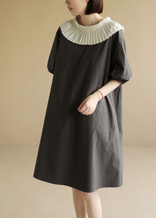 Art Grey O-neck Patchwork Oversized a Line Dress Short Sleeve