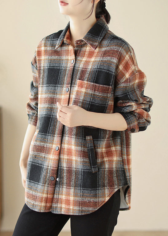 Loose Peter Pan Collar Plaid Warm Fleece Shirt Top Spring
