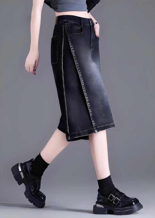 Black Pockets Patchwork Denim Crop Pants Summer