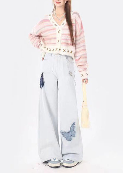 American Style Light Blue Pockets Butterfly Patch Denim Pants Spring