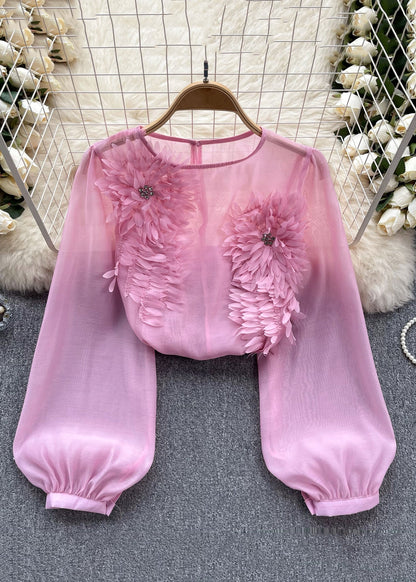 Yellow O Neck Chiffon Shirts Long Sleeve