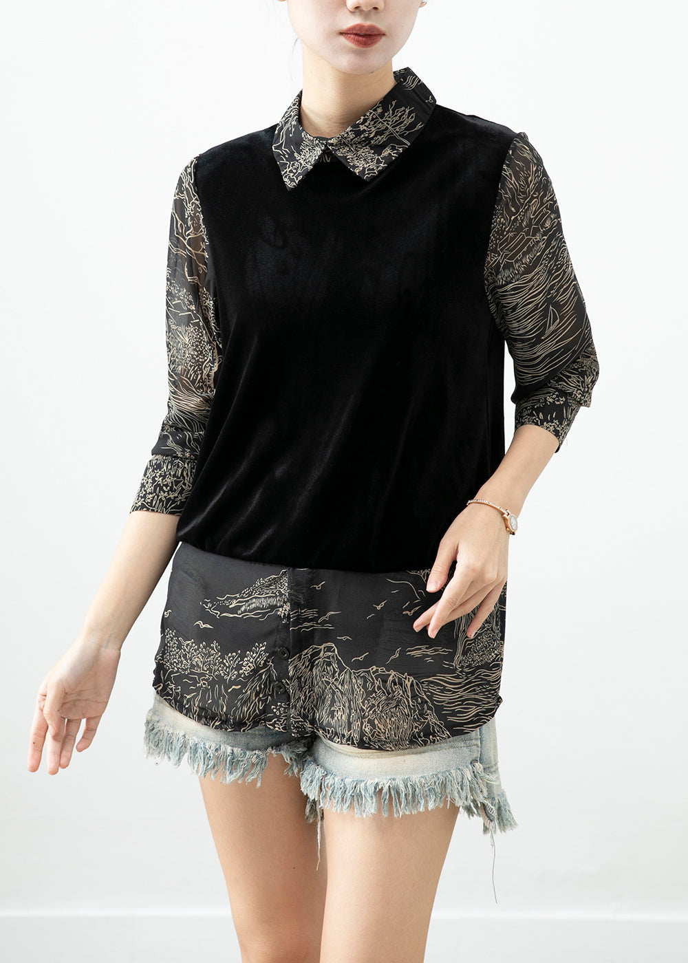 Black Peter Pan Collar Patchwork Silk Velour Shirt Top Fall