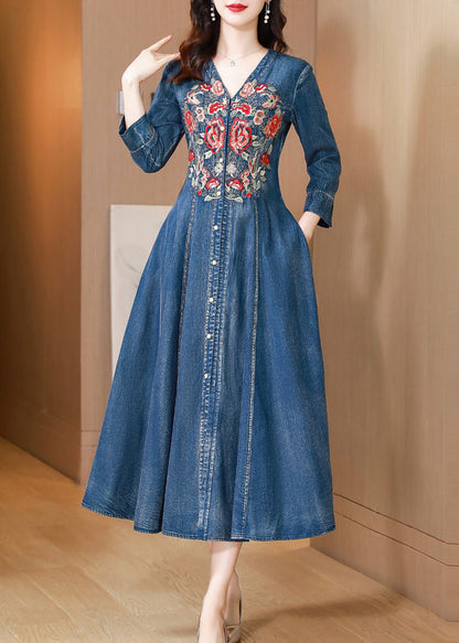Natural Blue V Neck Embroideried Patchwork Denim Dress Long Sleeve
