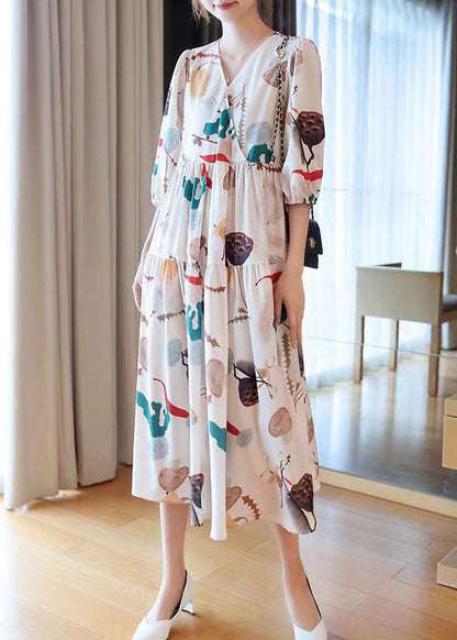 Apricot V Neck Print Cotton Long Dress Half Sleeve
