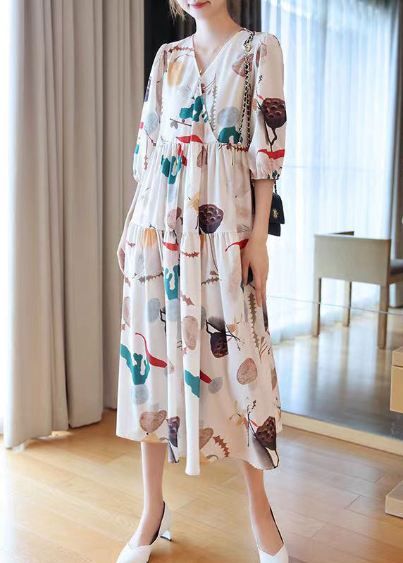 Apricot V Neck Print Cotton Long Dress Half Sleeve