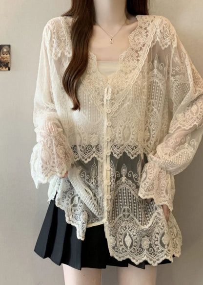 Apricot V Neck Button Lace Shirt Butterfly Sleeve