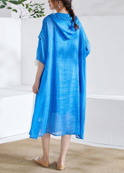 Organic Blue Ruffled Patchwork Summer Ramie Maxi Dresses Half Sleeve
