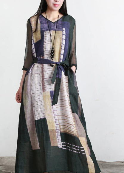 Loose Blackish Green Print Linen Maxi Dresses Half Sleeve
