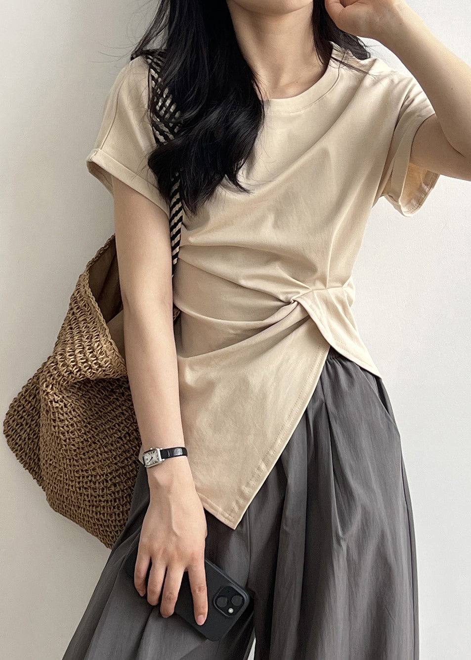 Apricot O Neck Asymmetrical Design Cotton T Shirt Summer