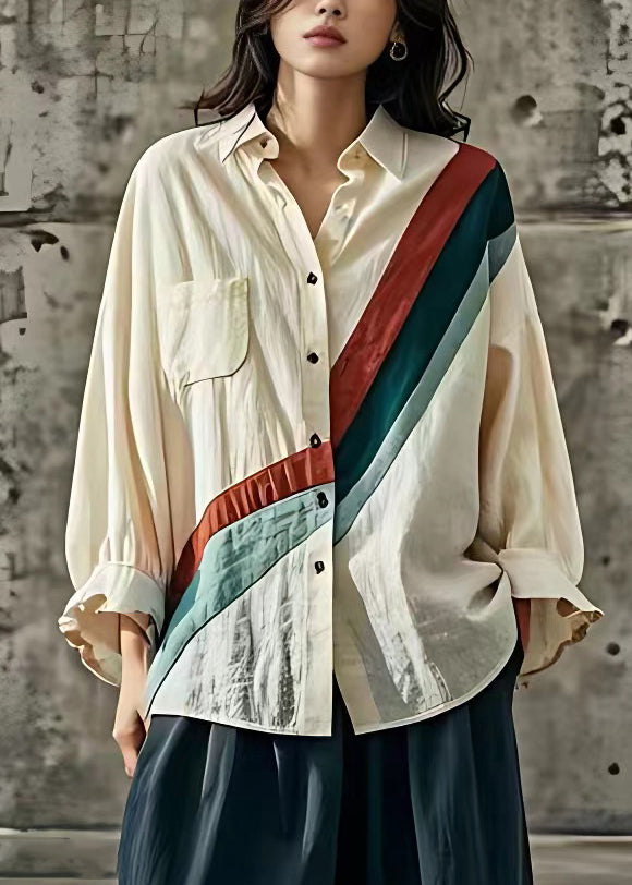 Apricot Peter Pan Collar Striped Patchwork Top Long Sleeve